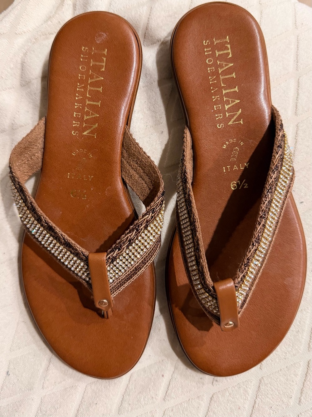 Italian Shoemakers Brown Leather Beaded Thong Sandals